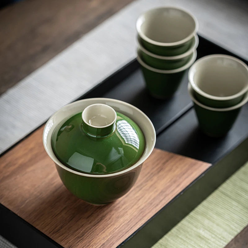 150ml Antique Emerald Green Ceramic Cover Bowl Handmade Rouge Powder Anti Scalding Tea Bowl Chinese Tea Soaking Gaiwan Teaware