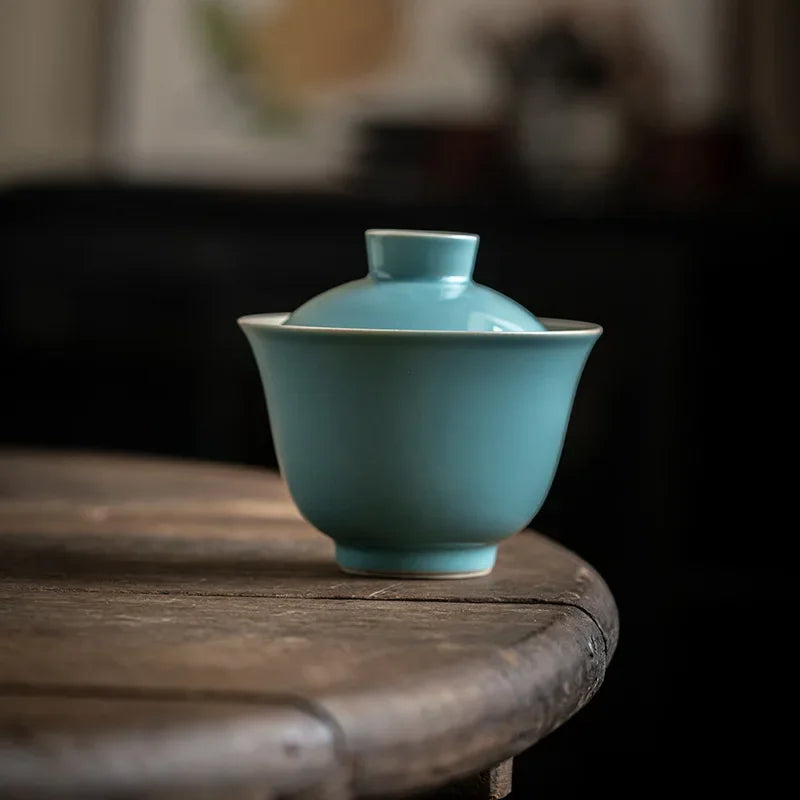 150ml Antique Emerald Green Ceramic Cover Bowl Handmade Rouge Powder Anti Scalding Tea Bowl Chinese Tea Soaking Gaiwan Teaware