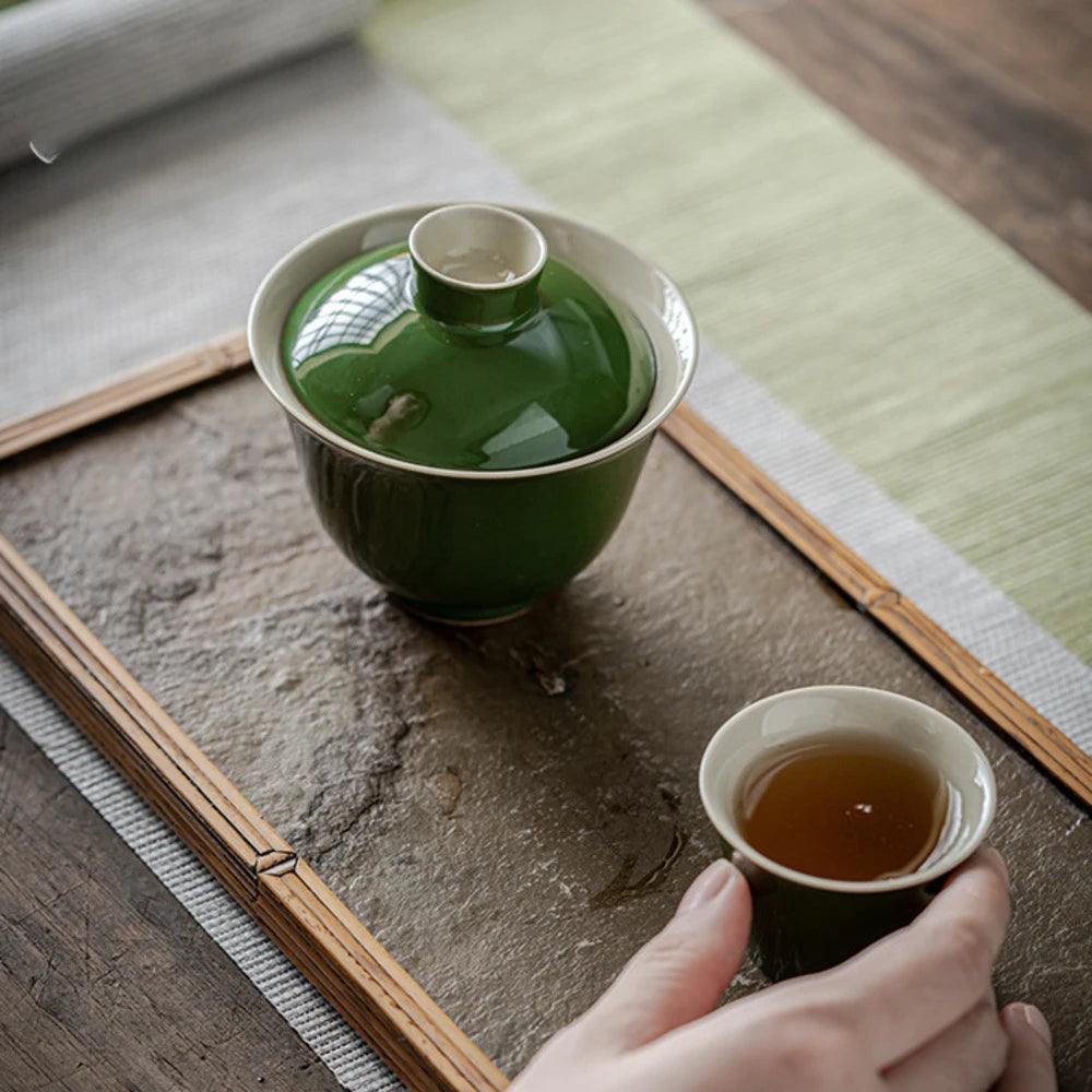 150ml Antique Emerald Green Ceramic Cover Bowl Handmade Rouge Powder Anti Scalding Tea Bowl Chinese Tea Soaking Gaiwan Teaware