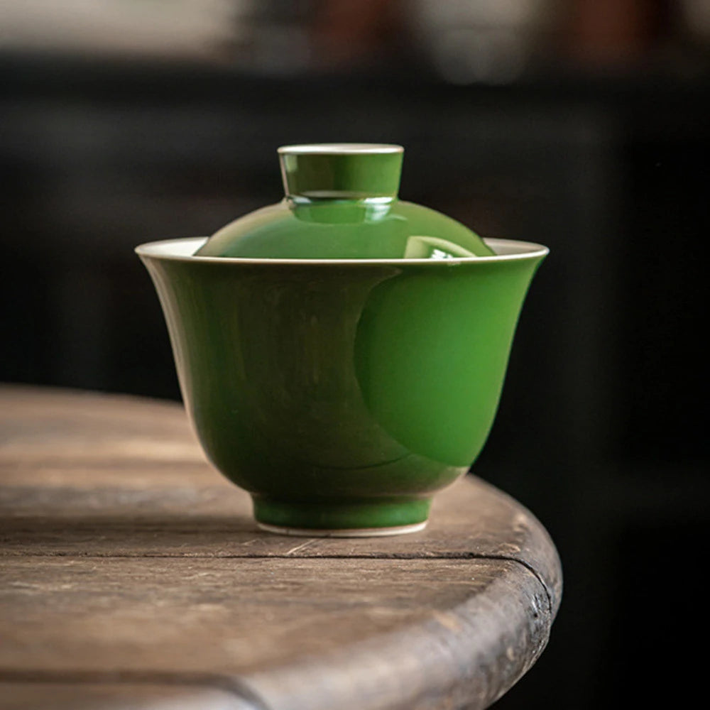 150ml Antique Emerald Green Ceramic Cover Bowl Handmade Rouge Powder Anti Scalding Tea Bowl Chinese Tea Soaking Gaiwan Teaware