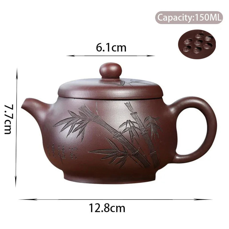 150ml Chinese Yixing Handmade Purple Clay Teapots Famous Artists Hand-carved Bamboo Leaves Tea Pot Kettle Zisha Tea Set Teaware