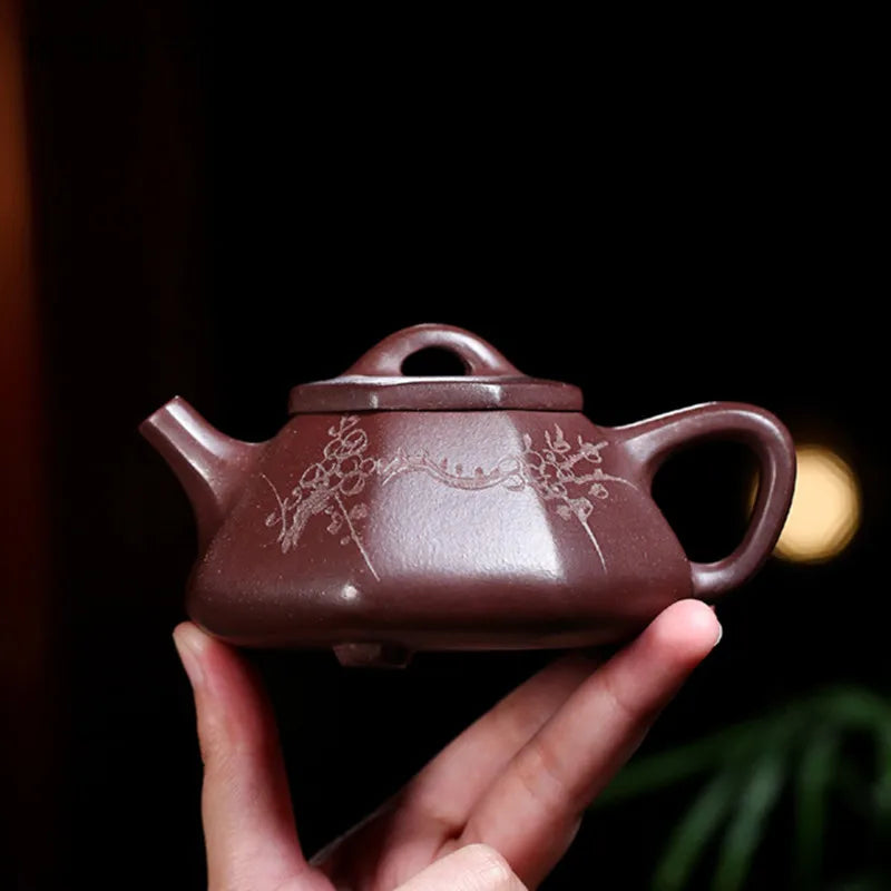 150ml Chinese Yixing Handmade Purple Clay Teapots Famous Hand-carved Stone Scoop Tea Pot Raw Ore Purple Mud Kettle Zisha Tea Set
