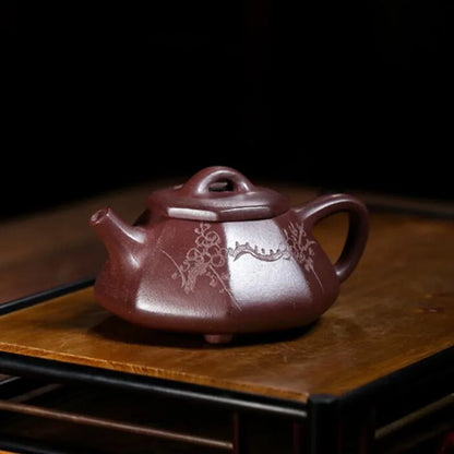 150ml Chinese Yixing Handmade Purple Clay Teapots Famous Hand-carved Stone Scoop Tea Pot Raw Ore Purple Mud Kettle Zisha Tea Set