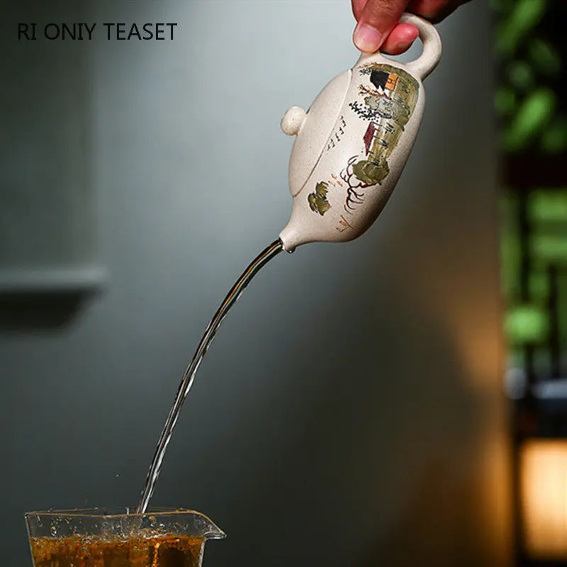 150ml Chinese Yixing Purple Clay Teapot Hand Painted Flat Xishi Filter Tea Pot Raw Ore White Mud Tea Maker Zisha Teaware