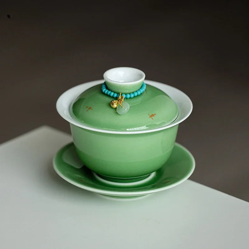 150ml Emerald Green Porcelain Gaiwan Boutique Tea Bowl with Saucer Lid Kit Tea Tureen Tea Brewing Cover Bowl Tea Ceremony Craft