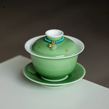 150ml Emerald Green Porcelain Gaiwan Boutique Tea Bowl with Saucer Lid Kit Tea Tureen Tea Brewing Cover Bowl Tea Ceremony Craft