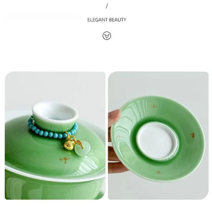 150ml Emerald Green Porcelain Gaiwan Boutique Tea Bowl with Saucer Lid Kit Tea Tureen Tea Brewing Cover Bowl Tea Ceremony Craft