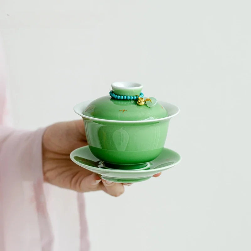 150ml Emerald Green Porcelain Gaiwan Boutique Tea Bowl with Saucer Lid Kit Tea Tureen Tea Brewing Cover Bowl Tea Ceremony Craft