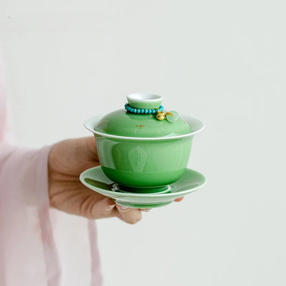 150ml Emerald Green Porcelain Gaiwan Boutique Tea Bowl with Saucer Lid Kit Tea Tureen Tea Brewing Cover Bowl Tea Ceremony Craft