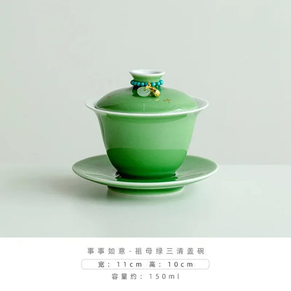 150ml Emerald Green Porcelain Gaiwan Boutique Tea Bowl with Saucer Lid Kit Tea Tureen Tea Brewing Cover Bowl Tea Ceremony Craft