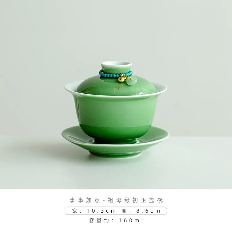 150ml Emerald Green Porcelain Gaiwan Boutique Tea Bowl with Saucer Lid Kit Tea Tureen Tea Brewing Cover Bowl Tea Ceremony Craft