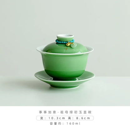 150ml Emerald Green Porcelain Gaiwan Boutique Tea Bowl with Saucer Lid Kit Tea Tureen Tea Brewing Cover Bowl Tea Ceremony Craft