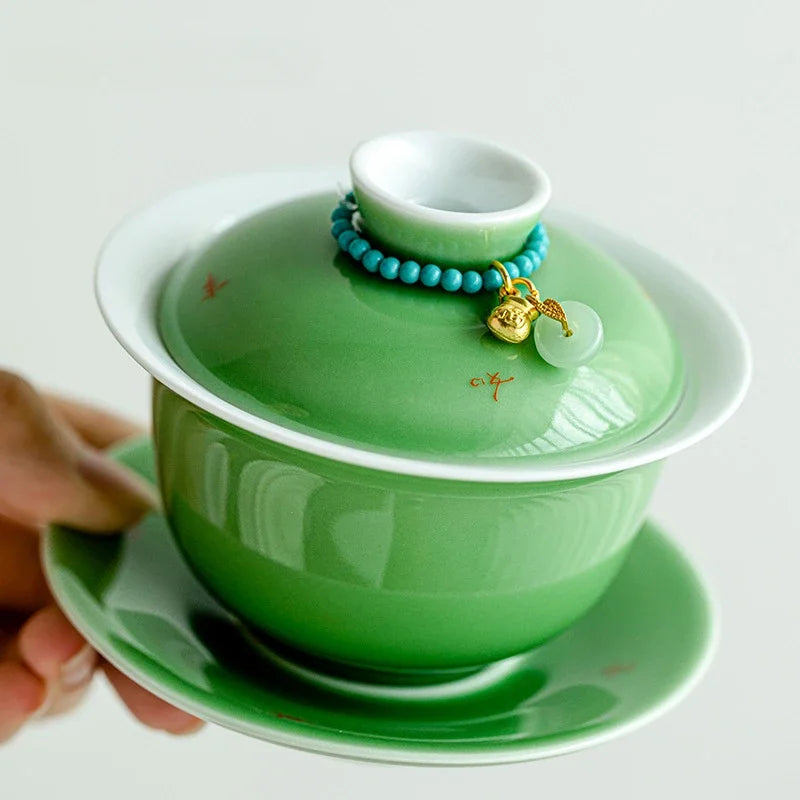 150ml Emerald Green Porcelain Gaiwan Boutique Tea Bowl with Saucer Lid Kit Tea Tureen Tea Brewing Cover Bowl Tea Ceremony Craft