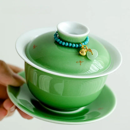150ml Emerald Green Porcelain Gaiwan Boutique Tea Bowl with Saucer Lid Kit Tea Tureen Tea Brewing Cover Bowl Tea Ceremony Craft