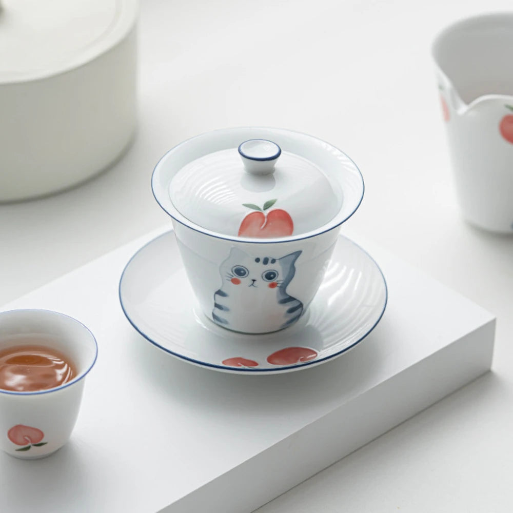 150ml Hand-painted Cat Ceramic Gaiwan Luxury Tea Bowl with Saucer Lid Kit Tea Tureen Tea Maker Cover Bowl Cafes Supplies Craft