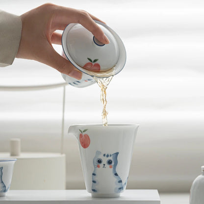 150ml Hand-painted Cat Ceramic Gaiwan Luxury Tea Bowl with Saucer Lid Kit Tea Tureen Tea Maker Cover Bowl Cafes Supplies Craft