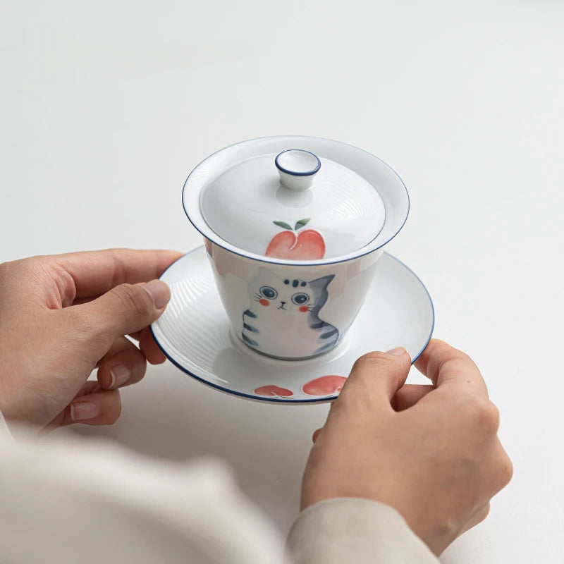 150ml Hand-painted Cat Ceramic Gaiwan Luxury Tea Bowl with Saucer Lid Kit Tea Tureen Tea Maker Cover Bowl Cafes Supplies Craft