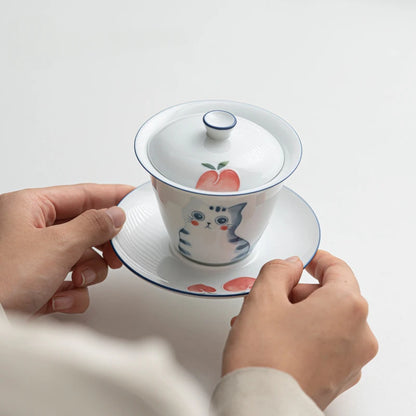 150ml Hand-painted Cat Ceramic Gaiwan Luxury Tea Bowl with Saucer Lid Kit Tea Tureen Tea Maker Cover Bowl Cafes Supplies Craft