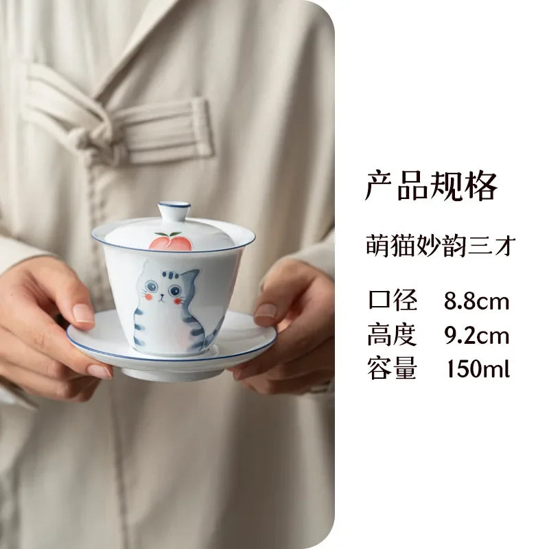 150ml Hand-painted Cat Ceramic Gaiwan Luxury Tea Bowl with Saucer Lid Kit Tea Tureen Tea Maker Cover Bowl Cafes Supplies Craft