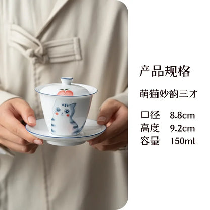 150ml Hand-painted Cat Ceramic Gaiwan Luxury Tea Bowl with Saucer Lid Kit Tea Tureen Tea Maker Cover Bowl Cafes Supplies Craft
