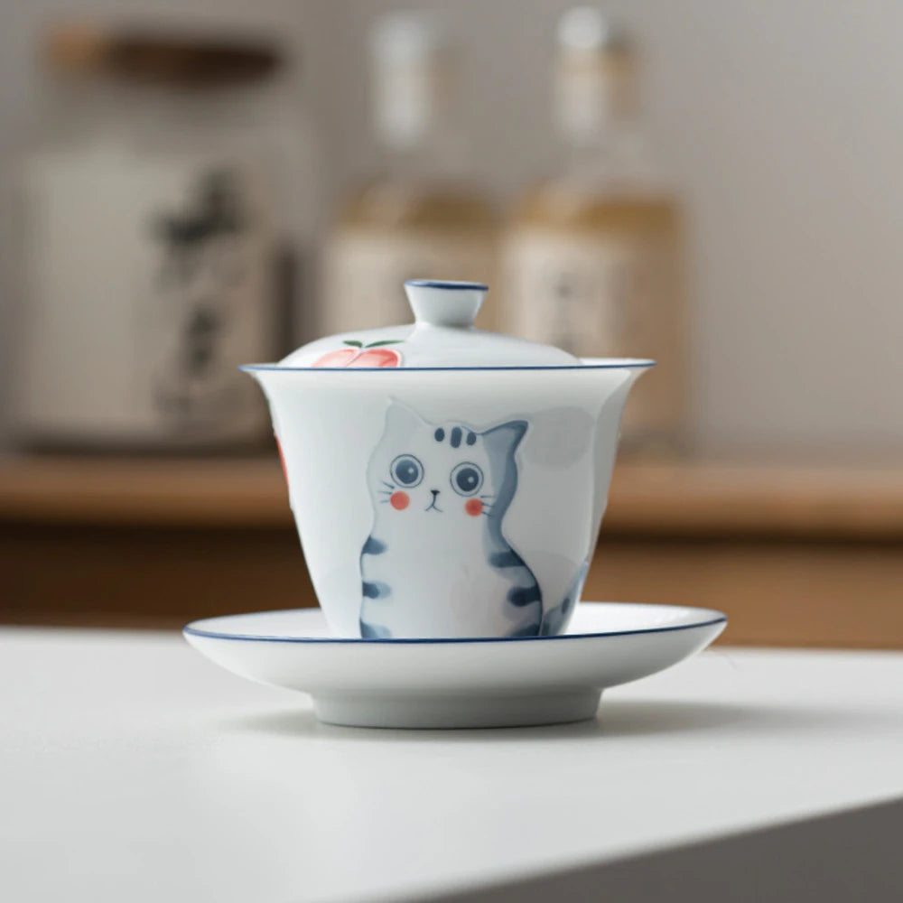 150ml Hand-painted Cat Ceramic Gaiwan Luxury Tea Bowl with Saucer Lid Kit Tea Tureen Tea Maker Cover Bowl Cafes Supplies Craft