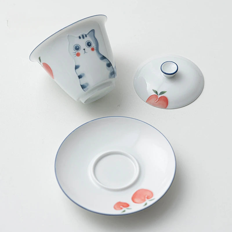 150ml Hand-painted Cat Ceramic Gaiwan Luxury Tea Bowl with Saucer Lid Kit Tea Tureen Tea Maker Cover Bowl Cafes Supplies Craft