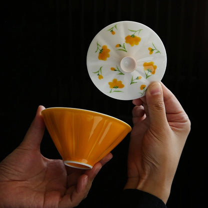 150ml Hand-painted Small Yellow Flower Ceramic Covered Bowls Chinese Antique Colored Glazed Tea Bowl Kung Fu Tea Brewing Gaiwan