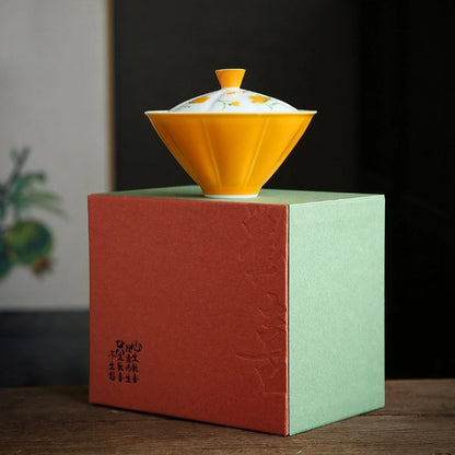 150ml Hand-painted Small Yellow Flower Ceramic Covered Bowls Chinese Antique Colored Glazed Tea Bowl Kung Fu Tea Brewing Gaiwan