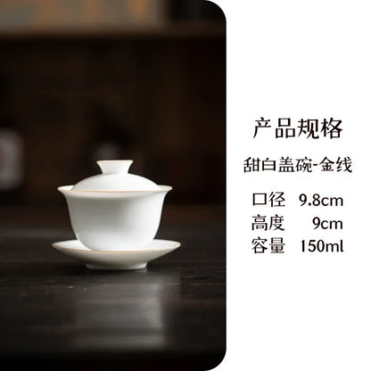 150ml High Grade Dehua White Porcelain Gaiwan Handmade Three Talent Cover Bowl Chinese Tea Maker Ceramic Tea Bowl with Saucer