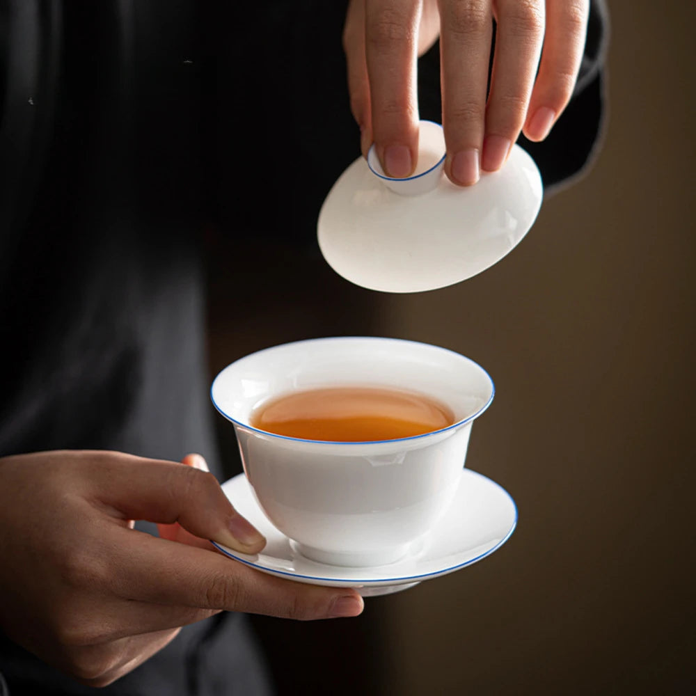 150ml High Grade Dehua White Porcelain Gaiwan Handmade Three Talent Cover Bowl Chinese Tea Maker Ceramic Tea Bowl with Saucer