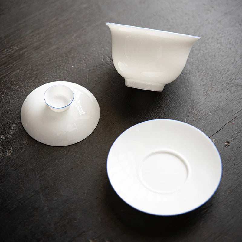 150ml High Grade Dehua White Porcelain Gaiwan Handmade Three Talent Cover Bowl Chinese Tea Maker Ceramic Tea Bowl with Saucer