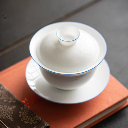 150ml High Grade Dehua White Porcelain Gaiwan Handmade Three Talent Cover Bowl Chinese Tea Maker Ceramic Tea Bowl with Saucer