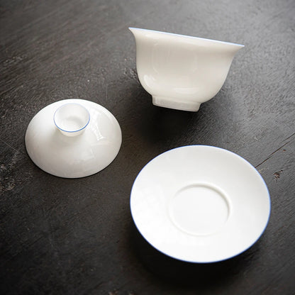 150ml High Grade Dehua White Porcelain Gaiwan Handmade Three Talent Cover Bowl Chinese Tea Maker Ceramic Tea Bowl with Saucer