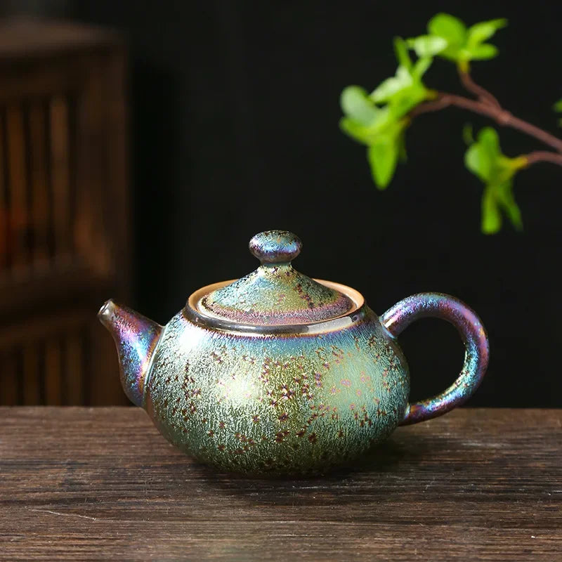 150ml Kiln Change Tianmu Peacock Glaze Teapot Retro Outline Gold Pot Tea Brewing Kettle with Strainer Tea Accessories Collection