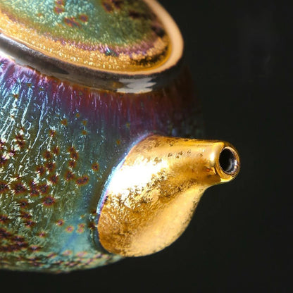 150ml Kiln Change Tianmu Peacock Glaze Teapot Retro Outline Gold Pot Tea Brewing Kettle with Strainer Tea Accessories Collection