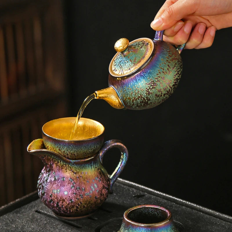 150ml Kiln Change Tianmu Peacock Glaze Teapot Retro Outline Gold Pot Tea Brewing Kettle with Strainer Tea Accessories Collection