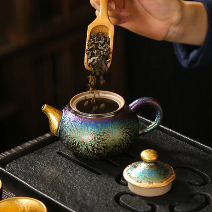 150ml Kiln Change Tianmu Peacock Glaze Teapot Retro Outline Gold Pot Tea Brewing Kettle with Strainer Tea Accessories Collection