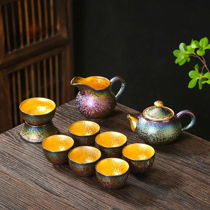 150ml Kiln Change Tianmu Peacock Glaze Teapot Retro Outline Gold Pot Tea Brewing Kettle with Strainer Tea Accessories Collection