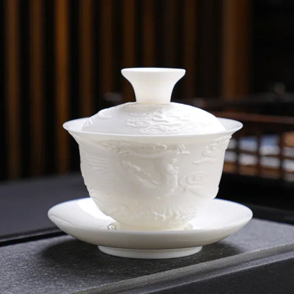 150ml Mutton-fat Jade Porcelain Gaiwan Relief Dargon Tea Bowl with Saucer Lid Kit Set Tea Tureen Tea Maker Cover Bowl Ornaments
