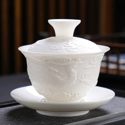 150ml Mutton-fat Jade Porcelain Gaiwan Relief Dargon Tea Bowl with Saucer Lid Kit Set Tea Tureen Tea Maker Cover Bowl Ornaments