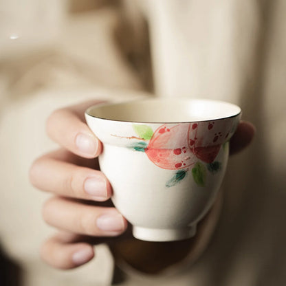 150ml On-glazed  Ceramic Teacups Pure Hand Painted Pink Peach Stoneware Tea Cup Household Gourd Master Cup Single Cup Handmade