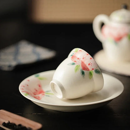 150ml On-glazed  Ceramic Teacups Pure Hand Painted Pink Peach Stoneware Tea Cup Household Gourd Master Cup Single Cup Handmade