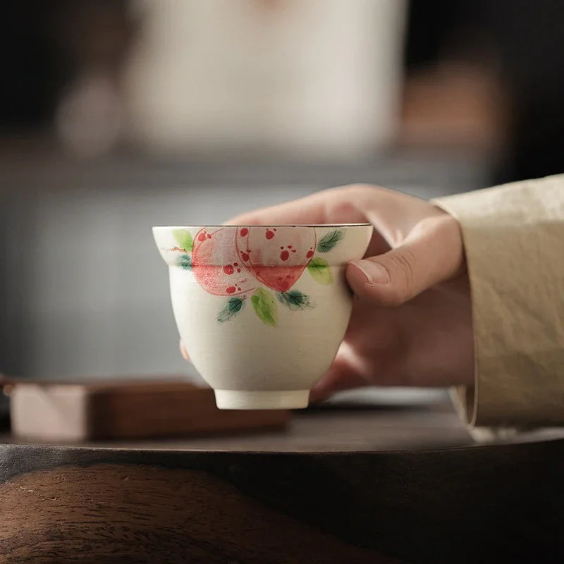 150ml On-glazed  Ceramic Teacups Pure Hand Painted Pink Peach Stoneware Tea Cup Household Gourd Master Cup Single Cup Handmade