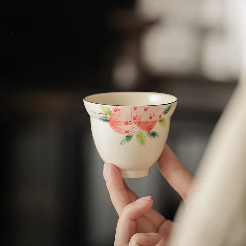 150ml On-glazed  Ceramic Teacups Pure Hand Painted Pink Peach Stoneware Tea Cup Household Gourd Master Cup Single Cup Handmade