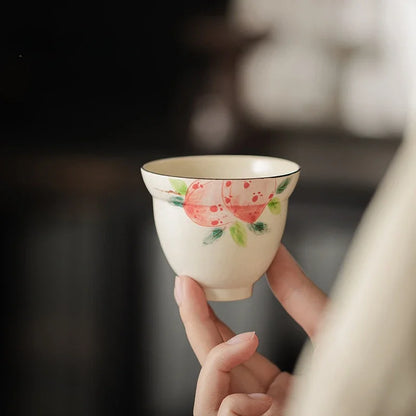 150ml On-glazed  Ceramic Teacups Pure Hand Painted Pink Peach Stoneware Tea Cup Household Gourd Master Cup Single Cup Handmade