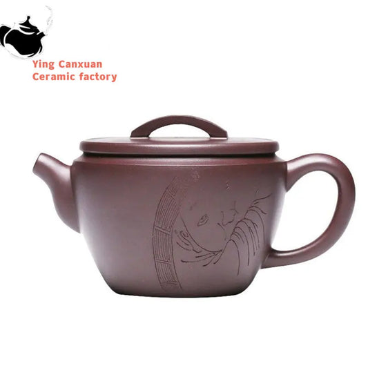 150ml Yixing Handmade Large Caliber Purple Clay Teapots Hand-carved Tea Pot Raw Ore Purple Mud Kettle High-end Zisha Tea Set