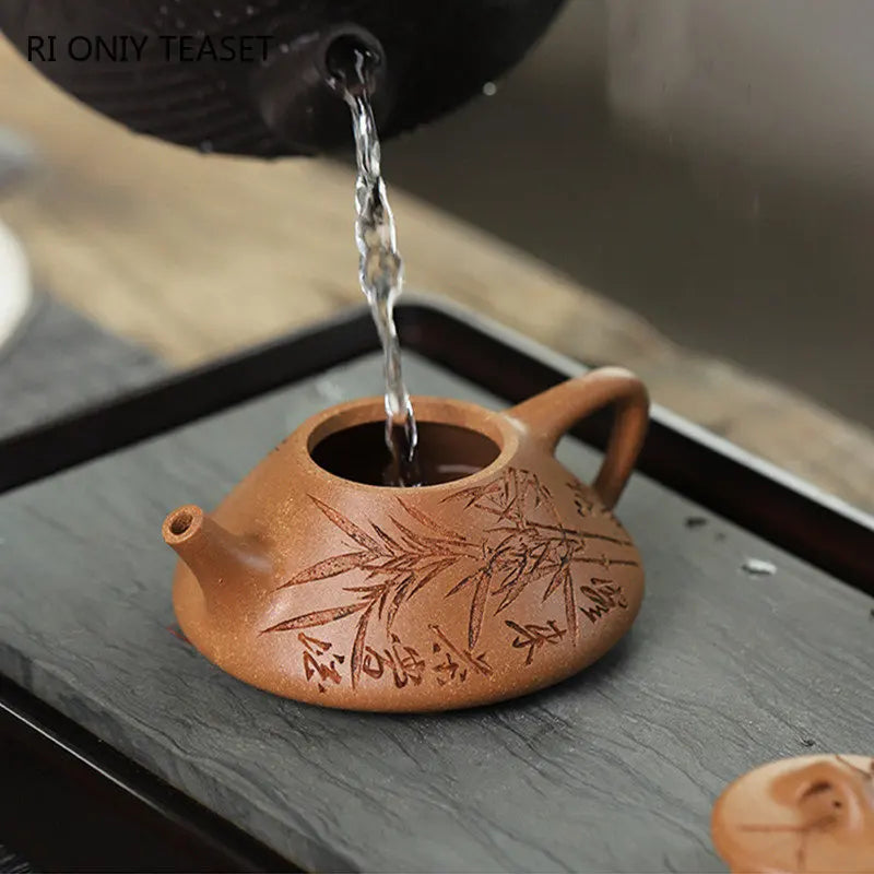 150ml Yixing Purple Clay Stone Scoop Teapots Famous Handmade Bamboo Leaf Pattern Tea Pot Kettle Chinese High-end Zisha Tea Set