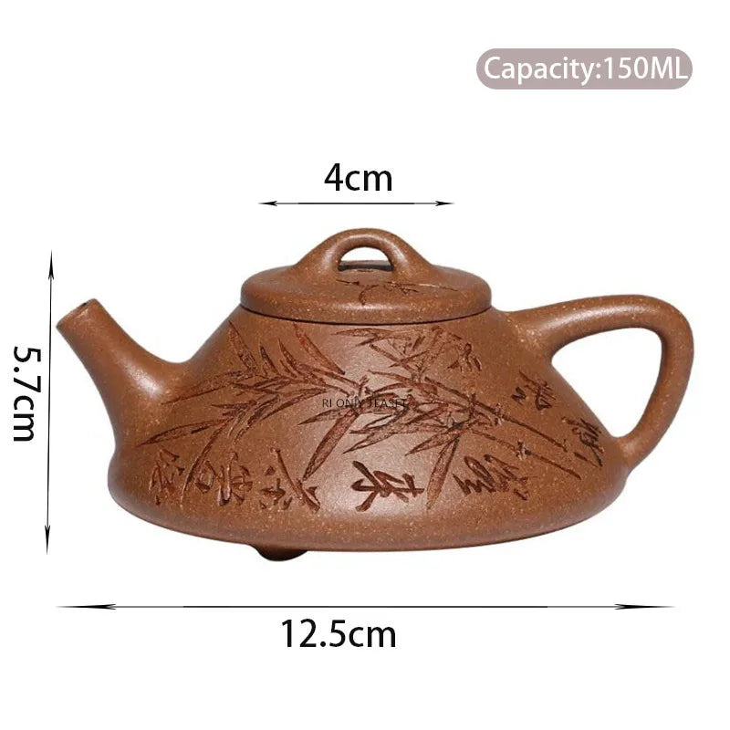 150ml Yixing Purple Clay Stone Scoop Teapots Famous Handmade Bamboo Leaf Pattern Tea Pot Kettle Chinese High-end Zisha Tea Set