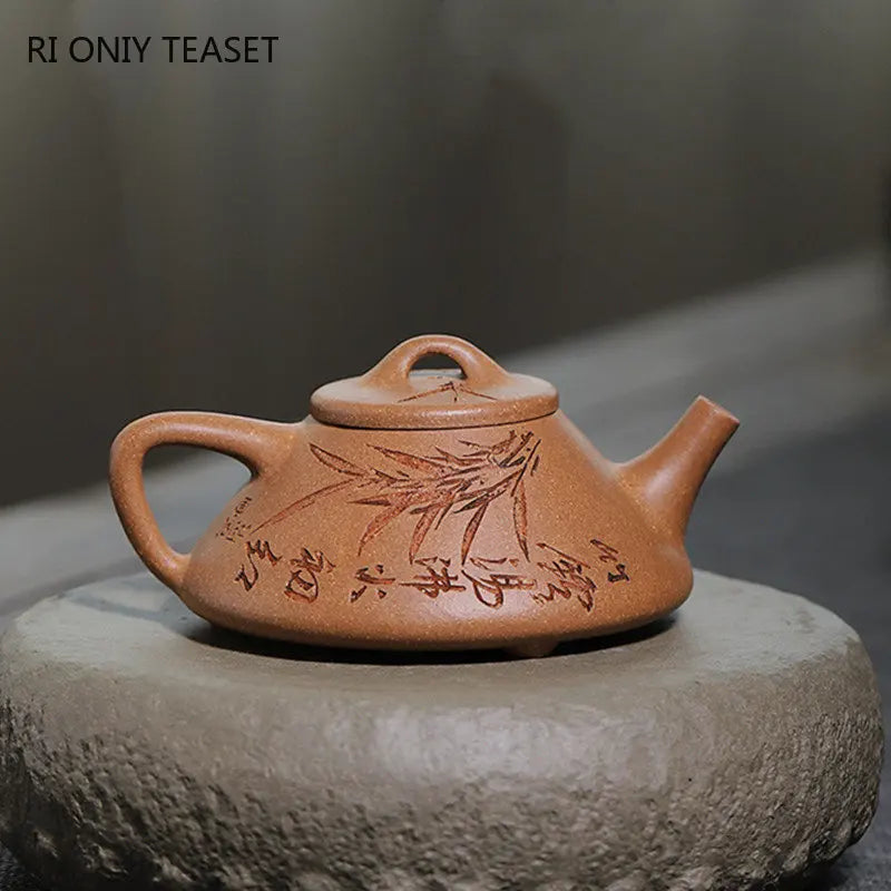 150ml Yixing Purple Clay Stone Scoop Teapots Famous Handmade Bamboo Leaf Pattern Tea Pot Kettle Chinese High-end Zisha Tea Set