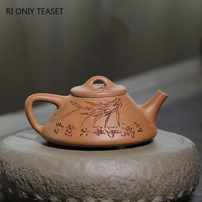 150ml Yixing Purple Clay Stone Scoop Teapots Famous Handmade Bamboo Leaf Pattern Tea Pot Kettle Chinese High-end Zisha Tea Set